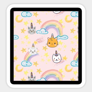 Unicorn Cats Pattern With Rainbows, Stars, Crescent moons and Clouds Graphic illustrations Sticker